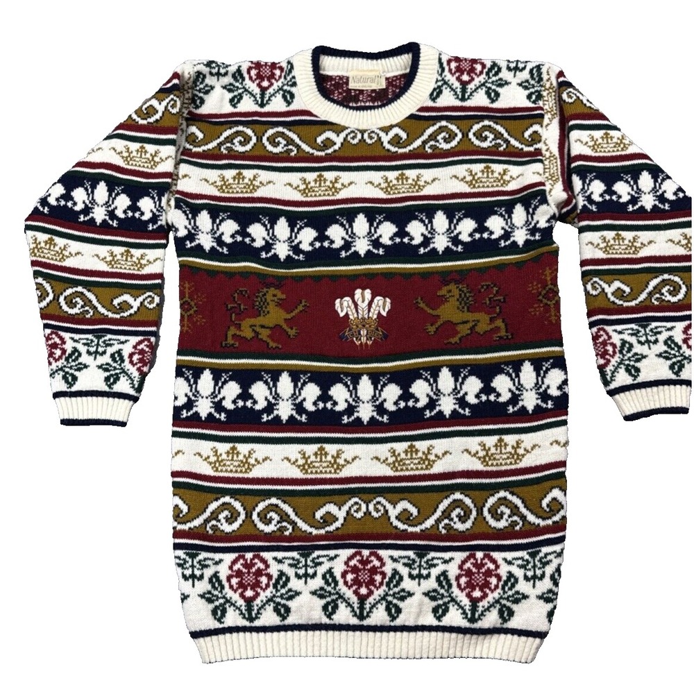 NATURAL Sweater England Small Multicolored Embroidered Prince of Whales